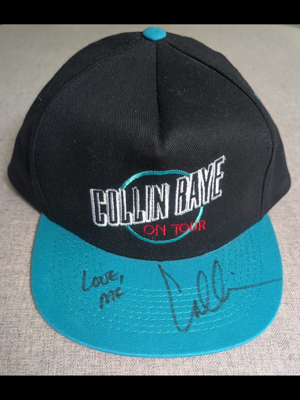 Vintage 90s Collin Raye on Tour Autographed Snapback Teal & Black Flat Brim Hat
